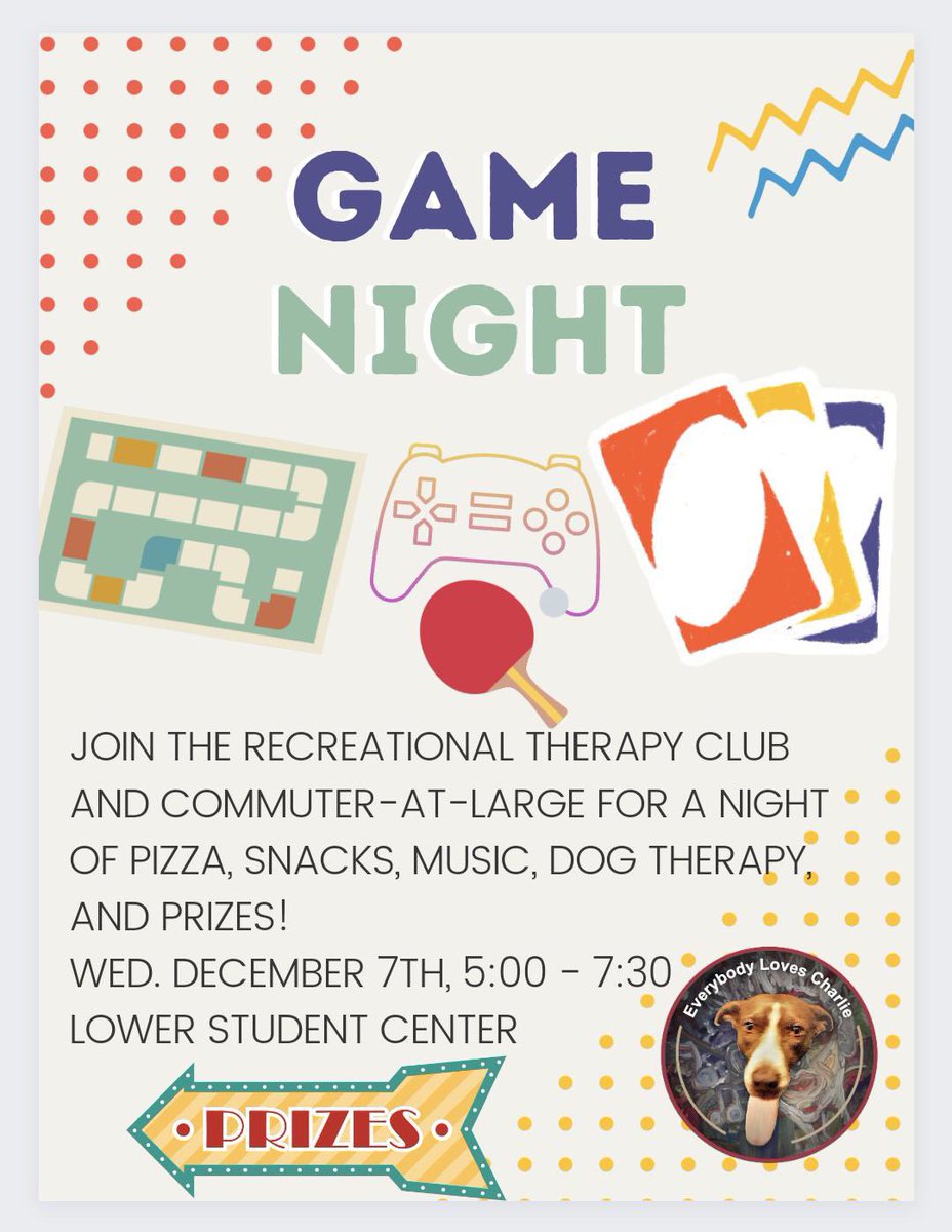 Join the Recreational Therapy Club and the Commuter-at-Large Senator for a game night on December 7th!