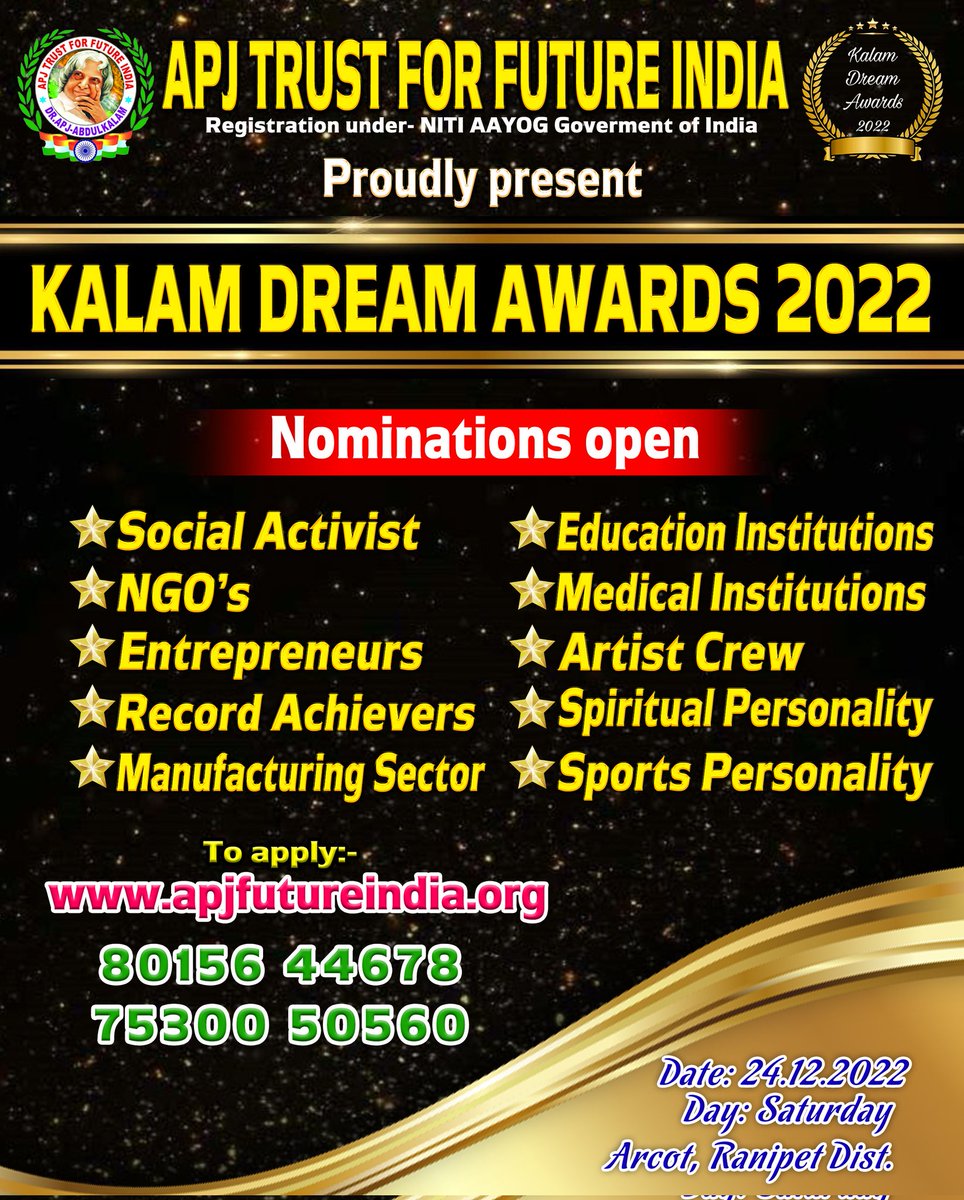 Apjfutureindia's tweet photo. KALAM DREAM AWARDS 2022🤝🏻
To Honour For Social Activities With Related to Below Category in Tamilnadu Nominations Open Now
கலாம் கனவு விருதுகள் 2022🥇
-:To Apply for Awards:-
🌍https://t.co/cwR2FXwUAX
#KalamDreamAwards2022 
#APJTRUST  #Kalamdreamawards #ApjTrustForFutureIndia https://t.co/DfMNEkWVi2