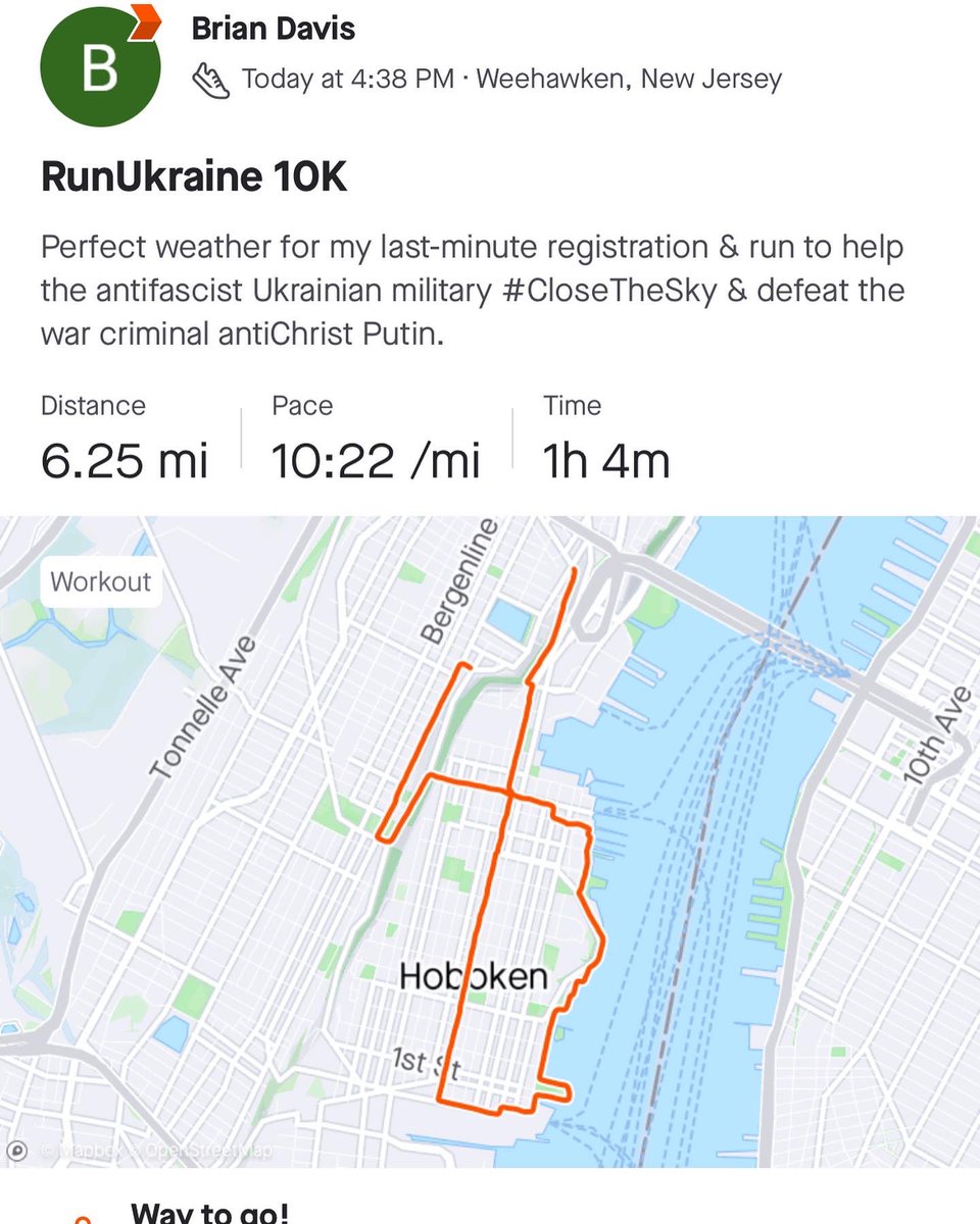 DiscoBrianDavis's tweet photo. Thanks Timothy Snyder for letting me know about the United by Bravery race! Tonight was a PERFECT night to run alongthe beautiful NJ side of the Hudson River!

@Official_NAFO does my 10K get me any closer to becoming an official #Fella, per chance? 🥹

#SlavaUkraini https://t.co/x6lU9wxf47