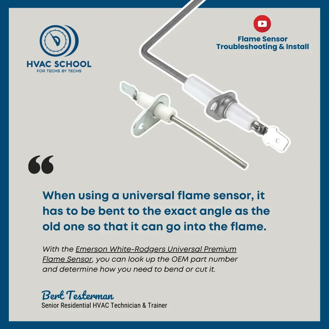 HVACRSchool's tweet photo. In Kalos,  we use the Emerson White-Rodgers Universal Premium Flame Sensor because it comes with a blending sleeve so that you can bend the sensor without dirtying it with the oils of your fingers.

#HVAC #Install #Troubleshooting #Flamesensor https://t.co/tyUJEHBmaV