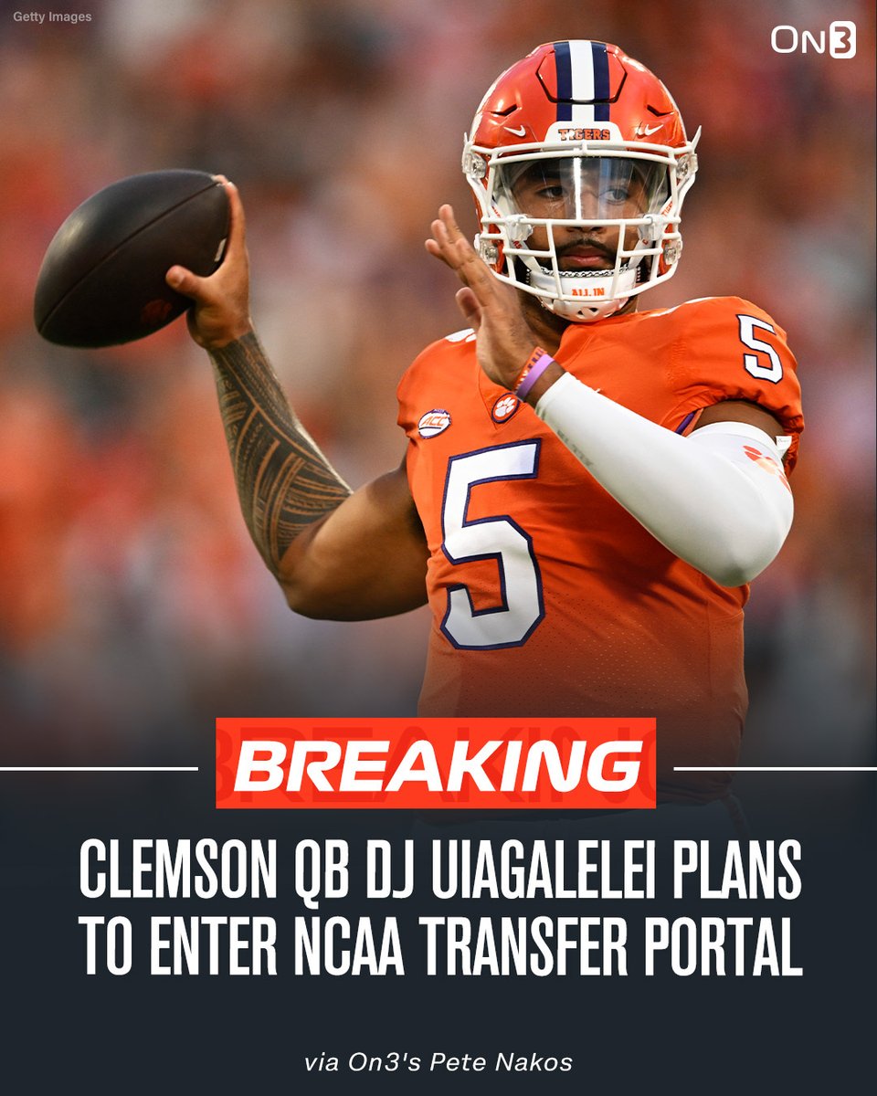 On3's tweet photo. 🚨BREAKING🚨 Clemson QB DJ Uiagalelei will enter the transfer portal, per On3's @Pete_Nakos96.

Uiagalelei threw for 2,521 and 22 touchdowns in 2022.

More: https://t.co/WZFXRrC3jj https://t.co/kw3YZaBFm0