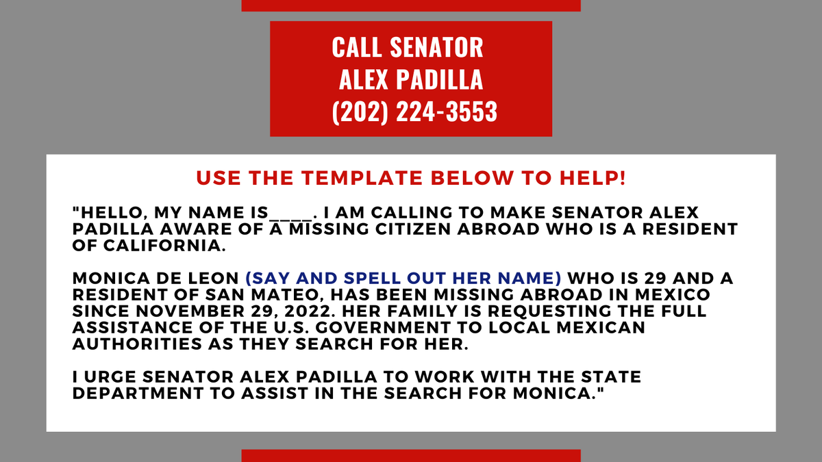 michael_c211's tweet photo. Help us bring Monica De Leon home! Monica is a missing U.S. Citizen who was last seen walking her dog in Tepatitlan Mexico on Nov. 29.

YOU can help by calling Congresswoman @RepSpeier and Senator @AlexPadilla4CA. See images attached to see how. https://t.co/BjOwGd0FoD