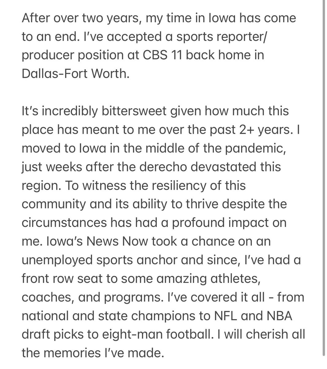 JetthroTV's tweet photo. LIFE UPDATE: 

Texas, I’m coming home. 

I’ve accepted a sports reporter/producer position at @CBS11 in Dallas-Fort Worth. 

Thank you Iowa for the last 2+ years 💛 https://t.co/ZaCXHAflfX