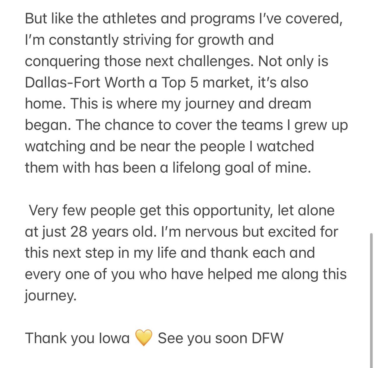 JetthroTV's tweet photo. LIFE UPDATE: 

Texas, I’m coming home. 

I’ve accepted a sports reporter/producer position at @CBS11 in Dallas-Fort Worth. 

Thank you Iowa for the last 2+ years 💛 https://t.co/ZaCXHAflfX