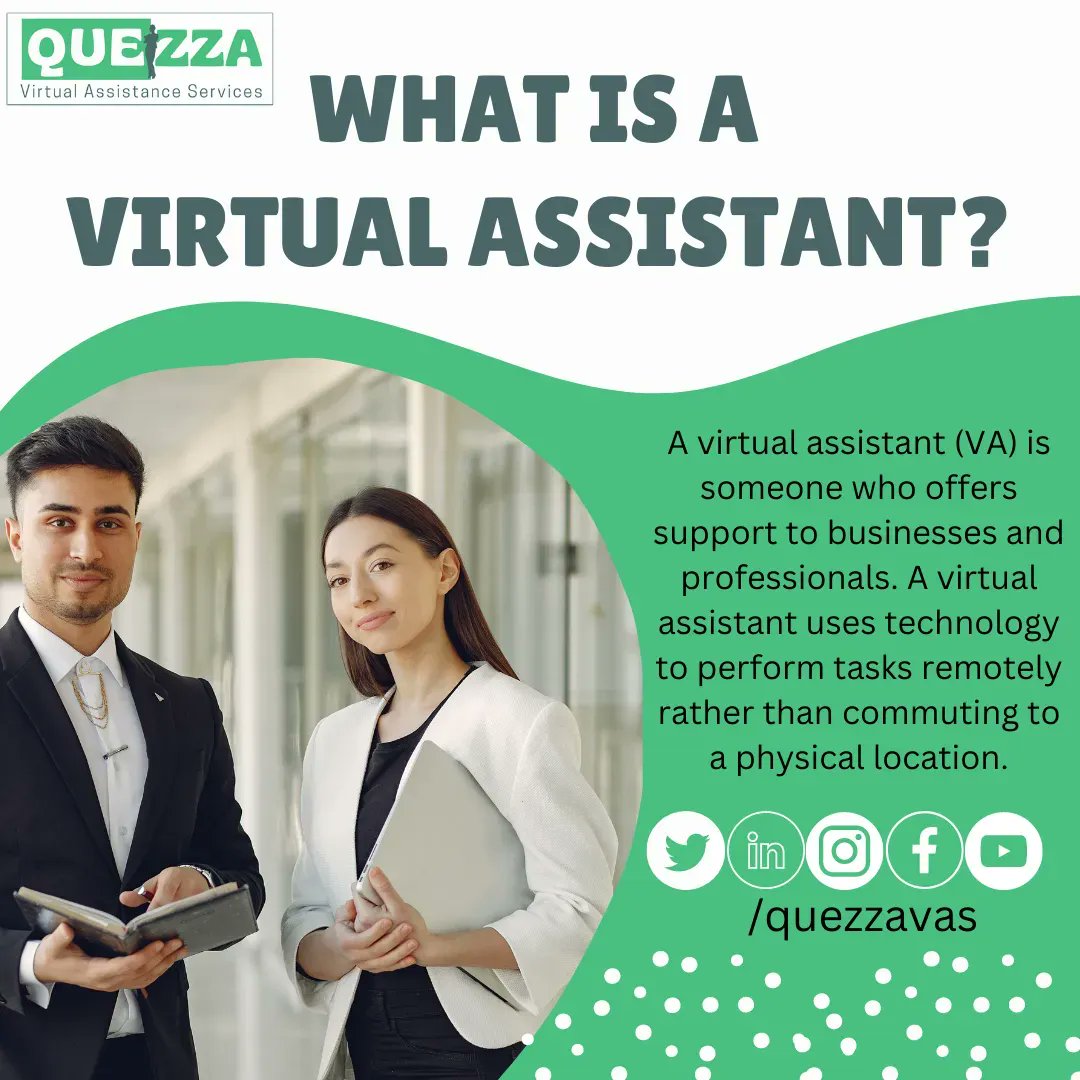 quezzavas's tweet photo. What is a virtual assistant?

A virtual assistant (VA) is someone who offers support to businesses and professionals using technology to perform tasks remotely. 
 
Read more at https://t.co/9onA5q9f1b 
#quezza #quezzava #quezzagva#vaph #businessmanagement #socialmedia https://t.co/RPS0KTrezj