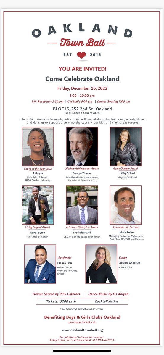 This year's Oakland Town Ball, the first in-person edition of BGCO’s signature event since 2019, is on 12/16/22 as a benefit for our mission with deserving local kids.
    Please join us to celebrate The Town and a few of its shining stars!

Ticket Info:  fundraise.givesmart.com/e/uExZRQ?vid=v…