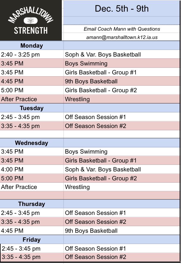 MarshalltownSc's tweet photo. Weight room schedule for this week! Let’s get after it! #HaveIntent https://t.co/eQD4KAuYxM