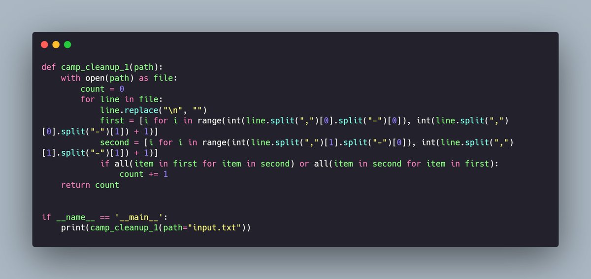 Sportek_'s tweet photo. Quatrième journée du #AdventOfCode ✅

Plutôt simple aujourd'hui, surtout le #2 où il suffit de remplacer le all par un any dans le code. https://t.co/GmXix35qao