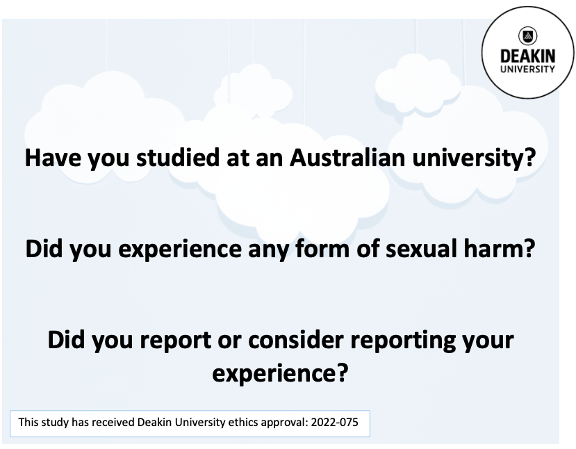 EmmaGretgrix's tweet photo. Seeking research participants
Have you experienced any form of #sexualharm while studying at an Australian university?
Please consider sharing your experience: https://t.co/69gnfIU3mm
Please RT/Share this important PhD study!
@EROCAustralia @anzsoc @ANROWS @FullStopAus https://t.co/vJ5TKSvlbv