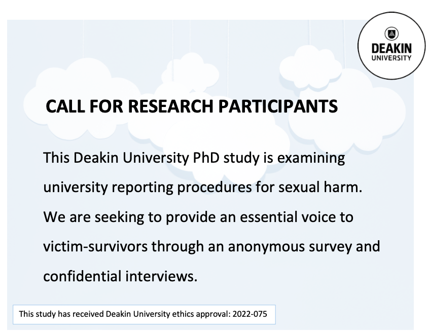 EmmaGretgrix's tweet photo. Seeking research participants
Have you experienced any form of #sexualharm while studying at an Australian university?
Please consider sharing your experience: https://t.co/69gnfIU3mm
Please RT/Share this important PhD study!
@EROCAustralia @anzsoc @ANROWS @FullStopAus https://t.co/vJ5TKSvlbv
