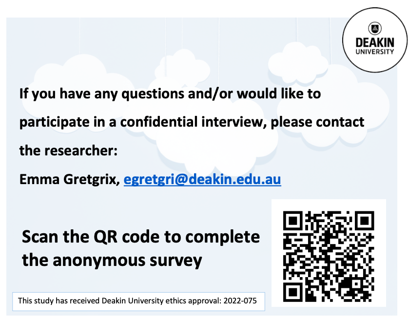 EmmaGretgrix's tweet photo. Seeking research participants
Have you experienced any form of #sexualharm while studying at an Australian university?
Please consider sharing your experience: https://t.co/69gnfIU3mm
Please RT/Share this important PhD study!
@EROCAustralia @anzsoc @ANROWS @FullStopAus https://t.co/vJ5TKSvlbv