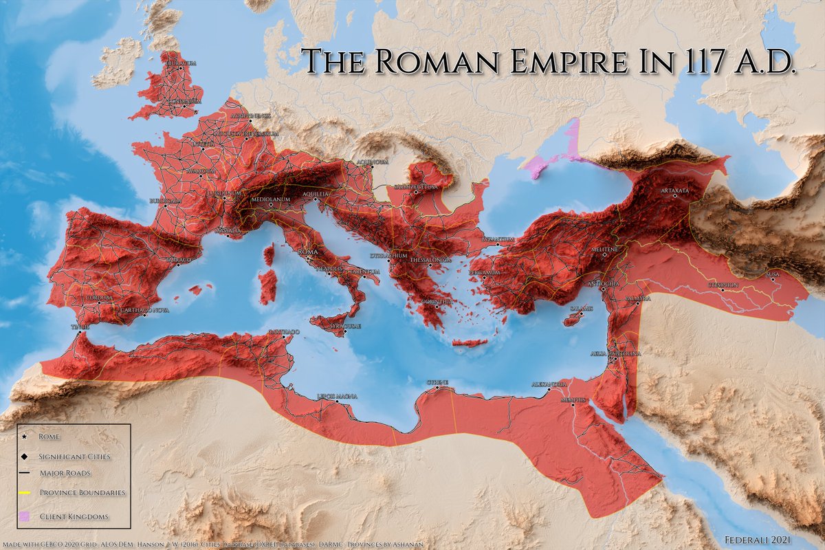 vintagemapstore's tweet photo. The Roman Empire at its territorial Height in 117 A.D. Credit & Work: Federali on Reddit. https://t.co/hKzNavTgXA