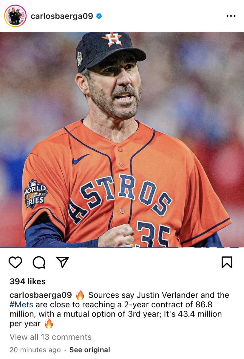 WE_ARE_MET_FANS's tweet photo. Former Mets infielder Carlos Baerga just posted on Instagram sources told him Justin Verlander and the Mets are close to a deal. https://t.co/vuY2fjytFE