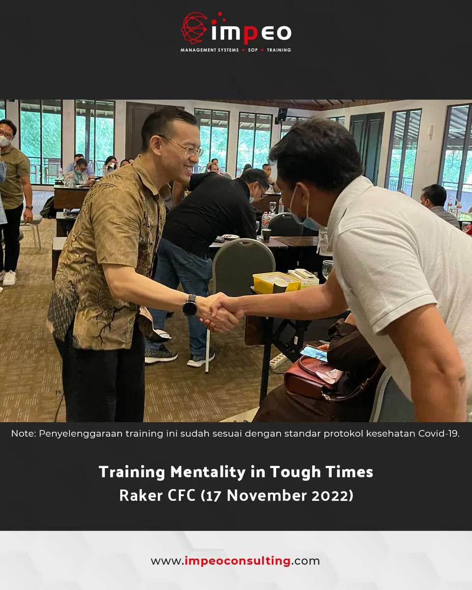RickyBoenardy's tweet photo. Semangat Pagi⠀⠀
⠀⠀
Training Mentalitas in Tough Time di Raker CFC - 17 November 2022 . Terima kasih kepada para peserta training atas partisipasi dan kerjasamanya selama pelatihan berlangsung.

#impeoconsulting #pembicara #konsultan #training #fototraining #fototrainingimpeo https://t.co/8cFBmg0Xth