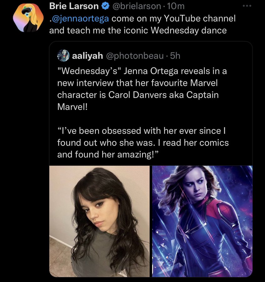 Brie Larson's Twitter post, inviting Jenna Ortega on her YouYube channel