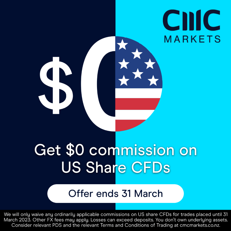 CMCMarketsAusNZ's tweet photo. Catch potential market opportunity with $0 commission. Go long or short on US share CFDs with $0 commission until 31 March 2023.