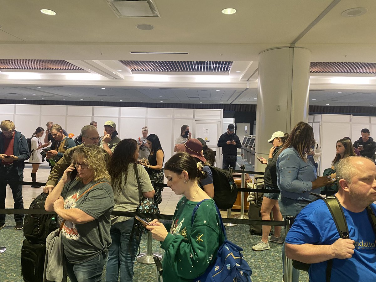 westwynn's tweet photo. Great work, @FlyFrontier. You cancel the flight when it’s too late to book a different airline, then tell us we can’t be rebooked for 2 days. And you’ll only give us a hotel for one night and a voucher for one meal. #Flight1222.  By far the worst travel experience of my life. https://t.co/33616YR6Zi
