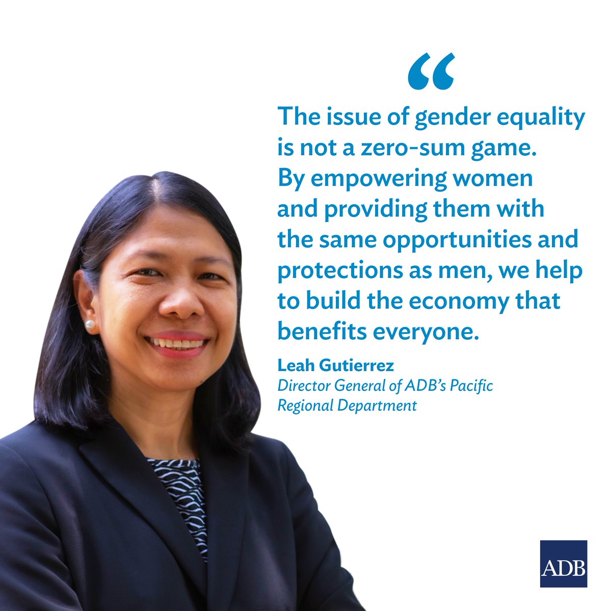 ADB_HQ's tweet photo. Study after study shows how critical it is for girls &amp; women to have the same opportunities—legally, economically, socially, financially, professionally—as men. 

At ADB, gender is mainstreamed in everything we do, to ensure everyone in Asia &amp; Pacific benefits. https://t.co/AHYP9OxZ8d