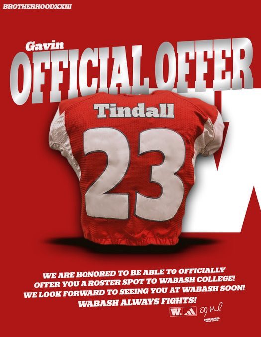 Gavin Tindall (@gavint_tindall) on Twitter photo After several great conversations with @CoachWatsonWAF, <a href="/WabashFB/">Wabash College Football</a>, and the rest of the staff I am blessed to receive my thirteenth offer to further my academics and athletics at Wabash College! #AGTG
<a href="/Coach_Schulz_/">Justin Schulz</a> <a href="/IndyWeOutHere/">IndyWeOutHere ‼️</a> <a href="/LockedOnRecruit/">Markus Barnett | IndyWeOutHere</a> <a href="/IndianaPreps/">Indiana Preps</a> <a href="/PrepRedzoneIN/">Prep Redzone Indiana</a> After several great conversations with @CoachWatsonWAF, <a href="/WabashFB/">Wabash College Football</a>, and the rest of the staff I am blessed to receive my thirteenth offer to further my academics and athletics at Wabash College! #AGTG
<a href="/Coach_Schulz_/">Justin Schulz</a> <a href="/IndyWeOutHere/">IndyWeOutHere ‼️</a> <a href="/LockedOnRecruit/">Markus Barnett | IndyWeOutHere</a> <a href="/IndianaPreps/">Indiana Preps</a> <a href="/PrepRedzoneIN/">Prep Redzone Indiana</a>