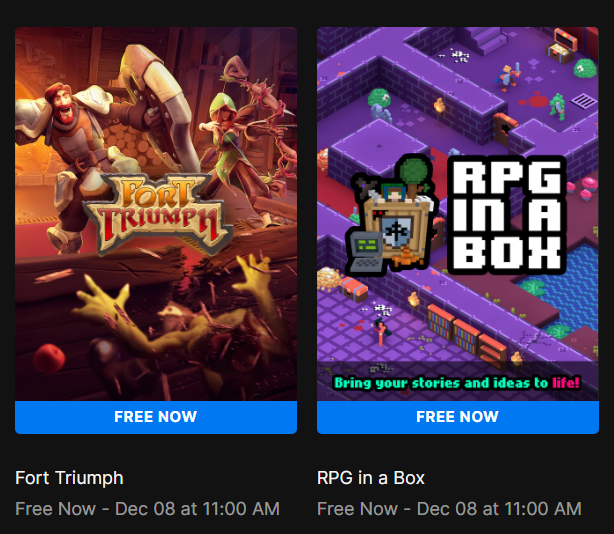 gamersintuition's tweet photo. Fort Triumph and RPG in a Box are free until Dec 08 at 11:00 AM at Epic Games! https://t.co/qd5WBULPHy
#EpicGamesStore #freegames #forttriumph #rpginabox https://t.co/gWpbQGTOPn