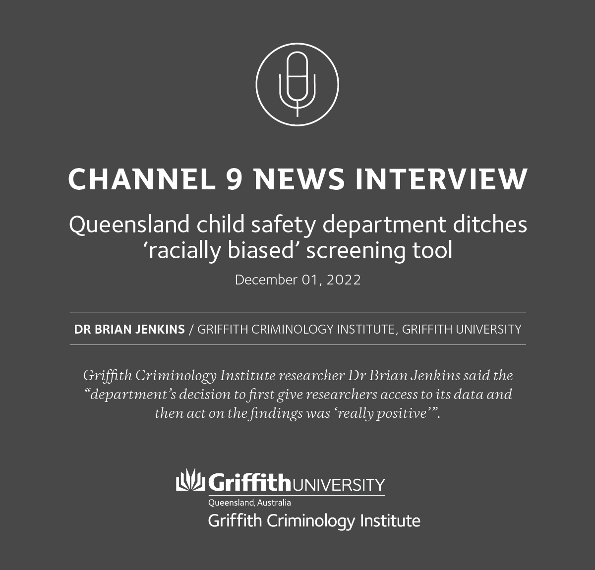 Research conducted by GCI members Dr Brian Jenkins &amp; Prof Clare Tilbury has prompted Queensland’s child protection authority to scrap its racially biased risk assessment tool. A positive result from a strong partnership between researchers &amp; policy makers. 9news.com.au/national/queen…