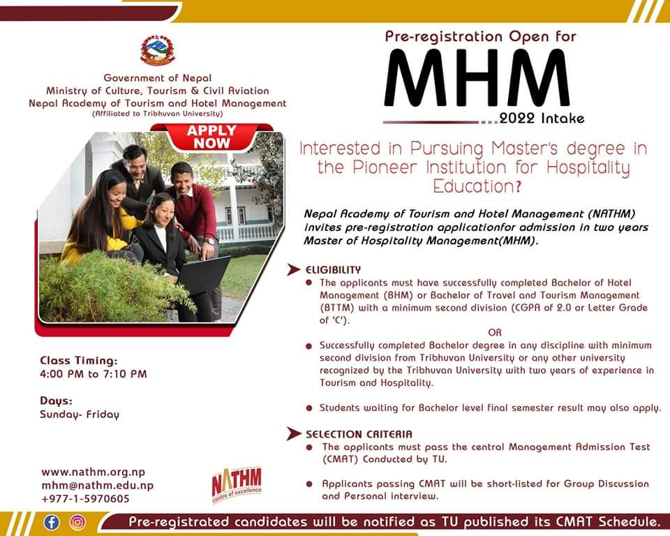 NewModelEdu's tweet photo. Pre-Registration Opens for Master's of Hospitality Management (MHM) at Nepal Academy of Tourism and Hotel Management - NATHM
To Register: https://t.co/FvpwPEYaEU
#MHM #NATHM #TU #Admissions #NMEF https://t.co/iNouXNEaJw
