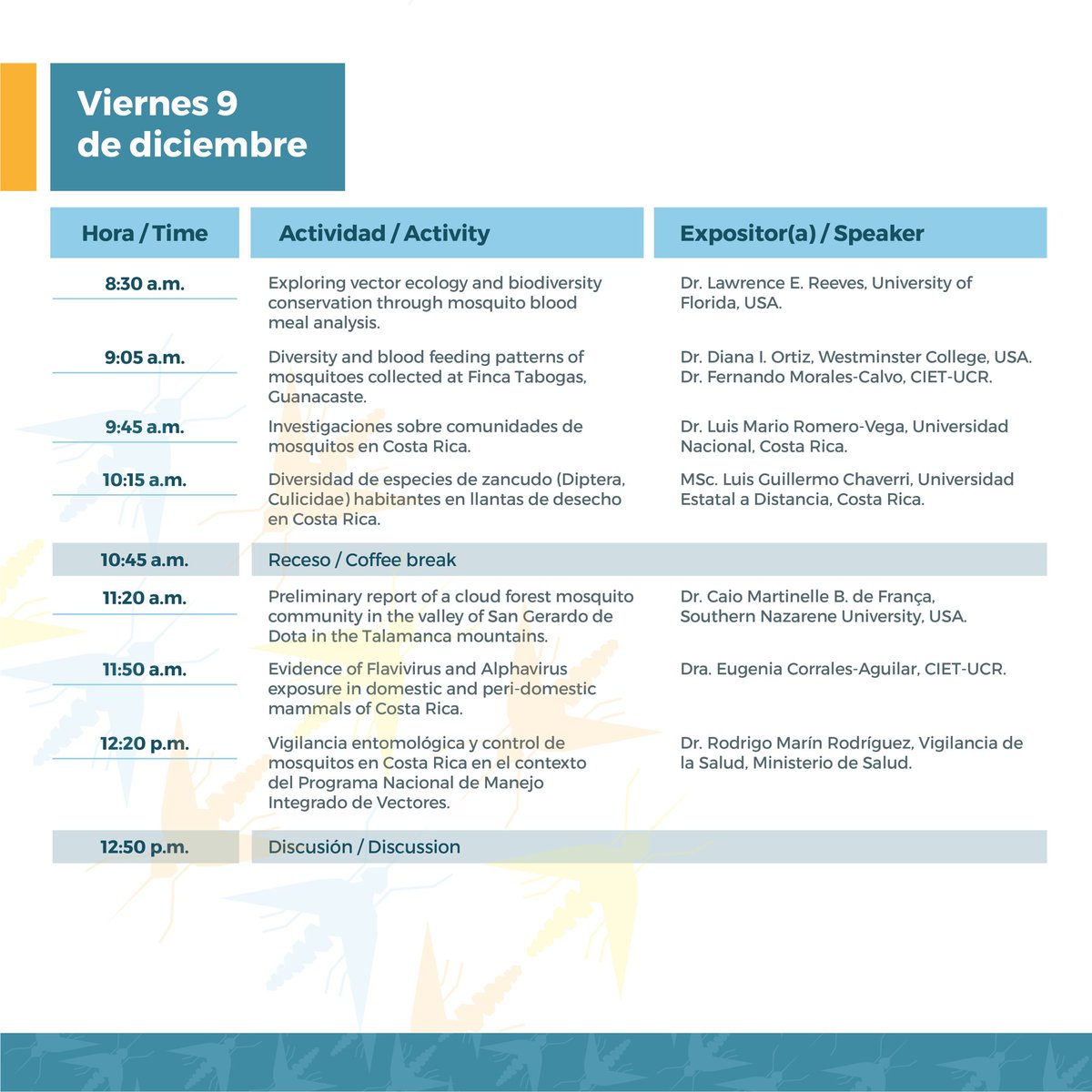 It’s almost time! 🤩🦟
Our in-person symposium is THIS WEEK <a href="/UniversidadCR/">UCR</a> 
➡️FACEBOOK LIVE streaming: facebook.com/profile.php?id…
Spanish + some talks in English (program in CR time). 
Great speakers <a href="/morde/">Erin Mordecai</a> <a href="/BiodiversiLary/">Lary Reeves</a> <a href="/ECA_Virology/">Dr. Eugenia Corrales-Aguilar</a> <a href="/rodrigmar/">Rodrigo Marín Rdguez. MD, MsC.</a> <a href="/Mario_romerov/">Mario Romero Vega</a> <a href="/FSanchezUCR/">Fabio Sanchez</a> +more!