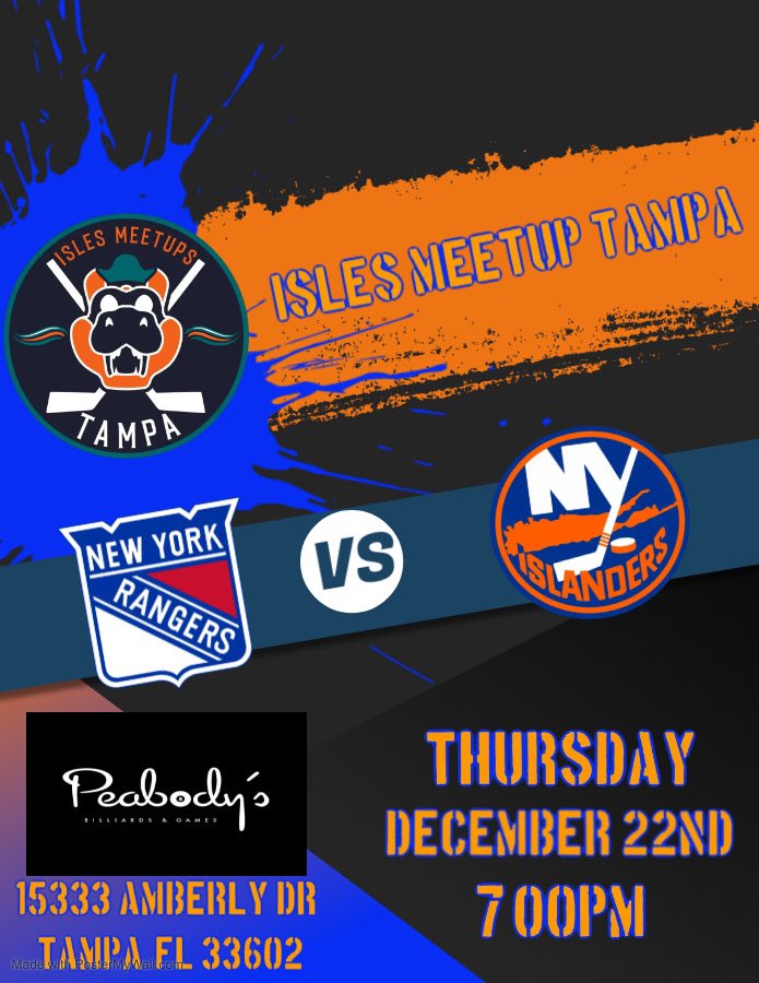 🚨🚨🚨MEETUP🚨🚨🚨
Join us on 12/22 and get ready for Santa’s arrival with your fellow #isles fans as they take on the rags at 7pm from that other arena! We will be back <a href="/PeabodysTampa/">Peabody's Tampa</a>! Can’t wait to see you all there! #islesmeetups #onlydiehards
