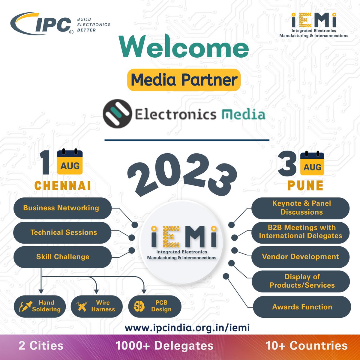 <a href="/ipc_india/">IPC India</a> is pleased to announce @electronicsmedia as a media partner for #IEMI 2023 scheduled at #chennai on #august 1 and #pune on #august 3, respectively. 
For more information, please click - lnkd.in/dKmT-5qF
#media #india #event #networking #electronicsindustry