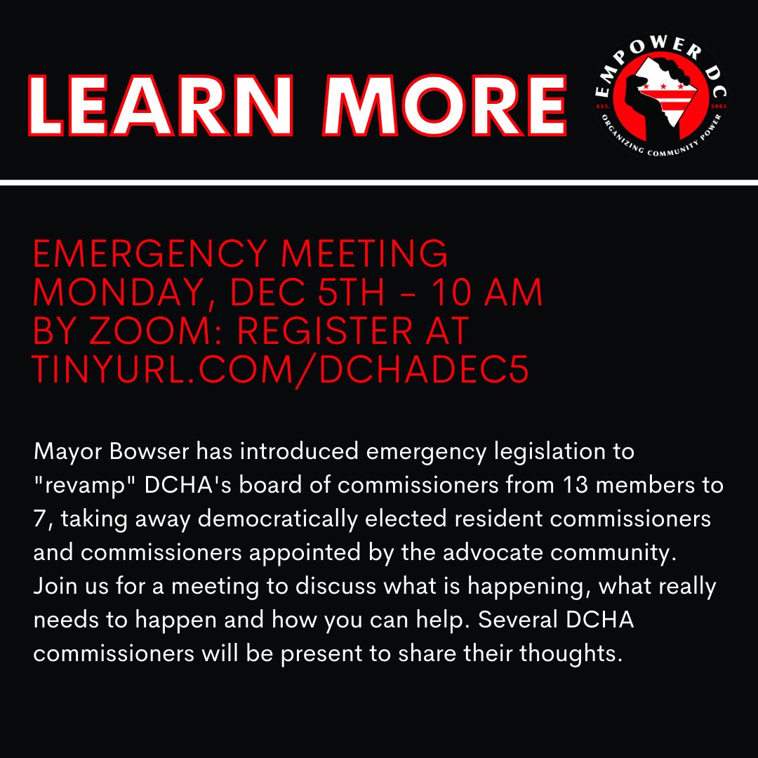 EmpowerDC's tweet photo. TAKE ACTION: Tell the DC Council to VOTE NO on the mayor's public housing emergency legislation this Tuesday. Racial Equity requires a process inclusive of impacted residents. Learn more - attend the meeting Monday Dec 5th 10 AM by registering at https://t.co/YFxvEPHL1N #organize https://t.co/PEOT9Qpe3m