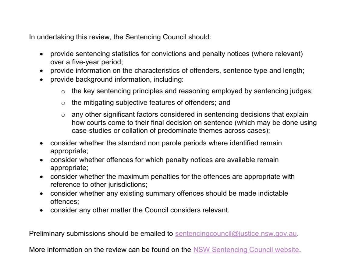 Mark Speakman (@markspeakman) on Twitter photo ⚖️ I asked the <a href="/NSWSentCouncil/">NSWSentencingCouncil</a> to review sentencing of firearms, knives and other weapons offences. It’s calling for preliminary submissions on issues relevant to the terms of reference. Email to sentencingcouncil@justice.nsw.gov.au by 3 March. More info on project webpage. ⚖️ I asked the <a href="/NSWSentCouncil/">NSWSentencingCouncil</a> to review sentencing of firearms, knives and other weapons offences. It’s calling for preliminary submissions on issues relevant to the terms of reference. Email to sentencingcouncil@justice.nsw.gov.au by 3 March. More info on project webpage.