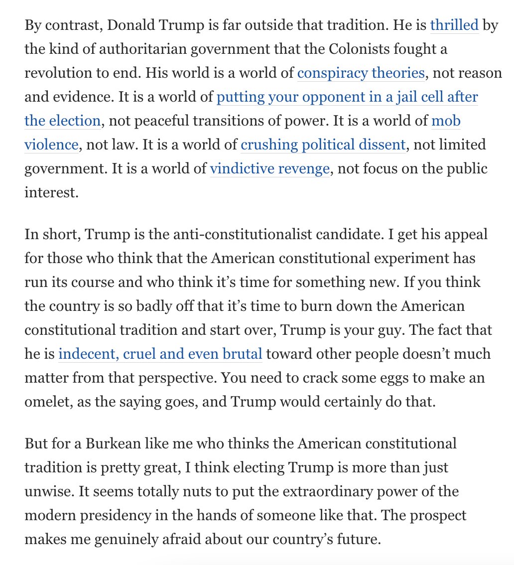 OrinKerr's tweet photo. A reminder, in light of Trump's comments about the Constitution, that Trump hasn't hidden who he is.  If you're okay with who he is, especially by now, that's on you.  (Passage below from a few days before the 2016 election.)
https://t.co/Ajd8LD7Y5V https://t.co/W10VVg76DP