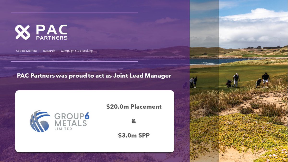 PAC Partners (@pac_partners) on Twitter photo <a href="/PAC_Partners/">PAC Partners</a> acted as JLM to <a href="/Group6Metals/">Group 6 Metals Limited</a>’s #Placement raising $20m, supported by new & existing shareholders & with a $3m non-underwritten #SPP to follow. Net proceeds are principally being applied to fund its #Dolphin #Tungsten Mine into production
#G6M #kingisland #Tasmania <a href="/PAC_Partners/">PAC Partners</a> acted as JLM to <a href="/Group6Metals/">Group 6 Metals Limited</a>’s #Placement raising $20m, supported by new & existing shareholders & with a $3m non-underwritten #SPP to follow. Net proceeds are principally being applied to fund its #Dolphin #Tungsten Mine into production
#G6M #kingisland #Tasmania