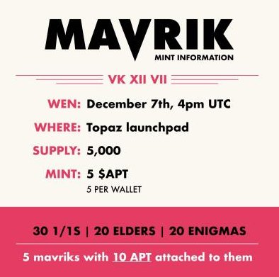 In a bear market like the present, development projects are difficult, but building on a new ecosystem like Aptos is even harder. So stay strong <a href="/MavrikDAO/">Mavrik DAO</a> let everyone see our strength, the next Blue-Chip on Aptos. December 7, 2022 on <a href="/TopazMarket/">Topaz | NFTs on Aptos</a> don't forget.💪⚡️🔥