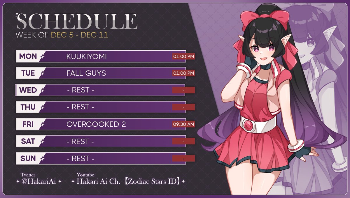 HakariAi's tweet photo. ⟬Weekly Schedule⟭
Discord : https://t.co/Zq5fGPyk5H
YT Link: https://t.co/OxL9v70n88
Tags :
⁘ General #HakariAi
⁘ Live #On_Aria
⁘ Meme #Hakaree_ceh
⁘ Fan Art #Artkaria_Ai
⁘ Fan Name #BonkKnight
⁘ Announcement #Ainformation
#Vtubers #VtubersID #ZodiacStarsID https://t.co/oFILUMZqRH