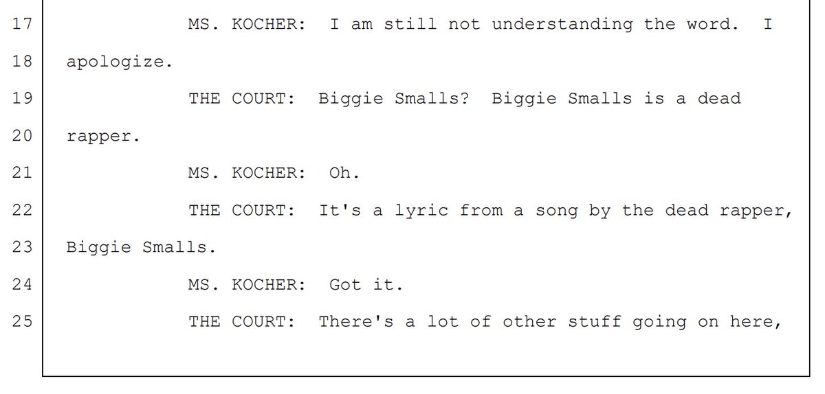 ok never mind it was all worth it just to accidentally stumble across this exchange between a judge, a prosecutor, and a federal agent where only the judge knows who biggie smalls is