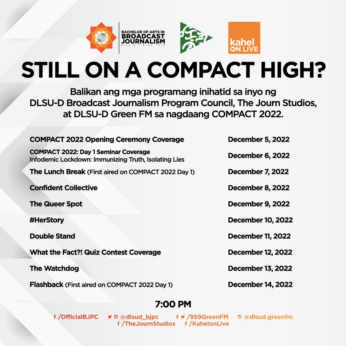 DLSUD_DMJPC's tweet photo. STILL ON A COMPACT HIGH? 🤔

Balikan ang mga programang inihatid sa inyo ng DLSU-D Broadcast Journalism Program Council, The Journ Studios, at DLSU-D Green FM sa nagdaang COMPACT 2022: Facts Matter simula ngayong Lunes, 7:00 PM. https://t.co/xLYaa7FRTr