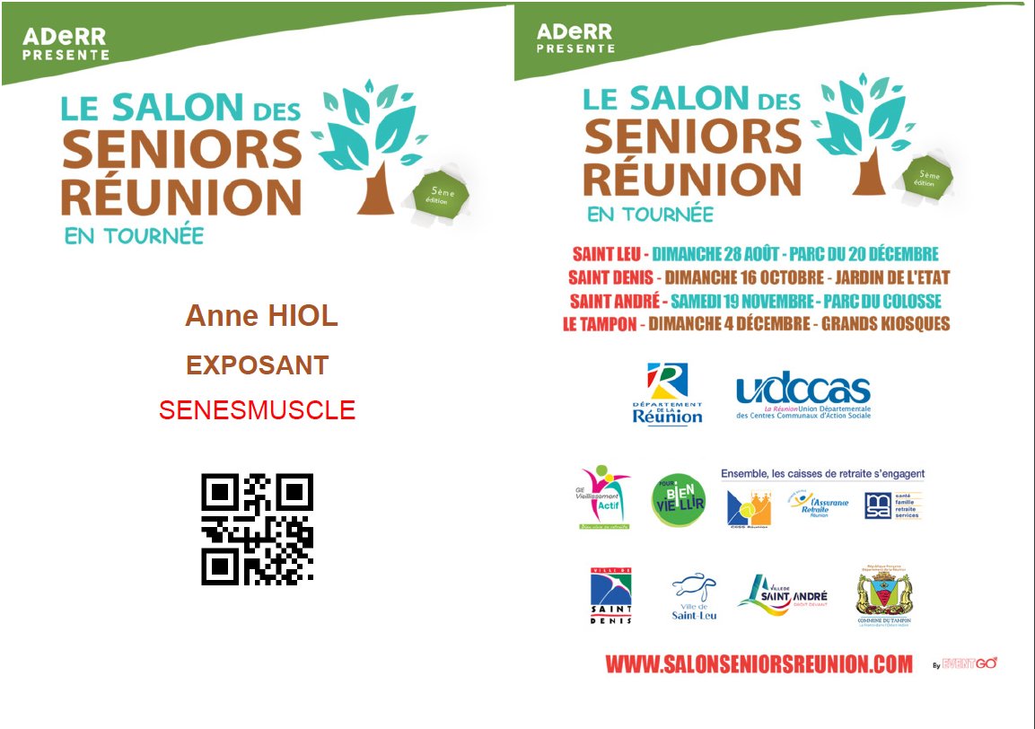 SenesMusccle participe au seul salon consacré aux séniors de La Réunion, le Salon des Seniors Réunion est le rendez-vous des "50 ans et plus" et de ceux qui les accompagnent (famille, Institutionnels, professionnels, associations, …).

le dimanche 4 décembre au Tampon