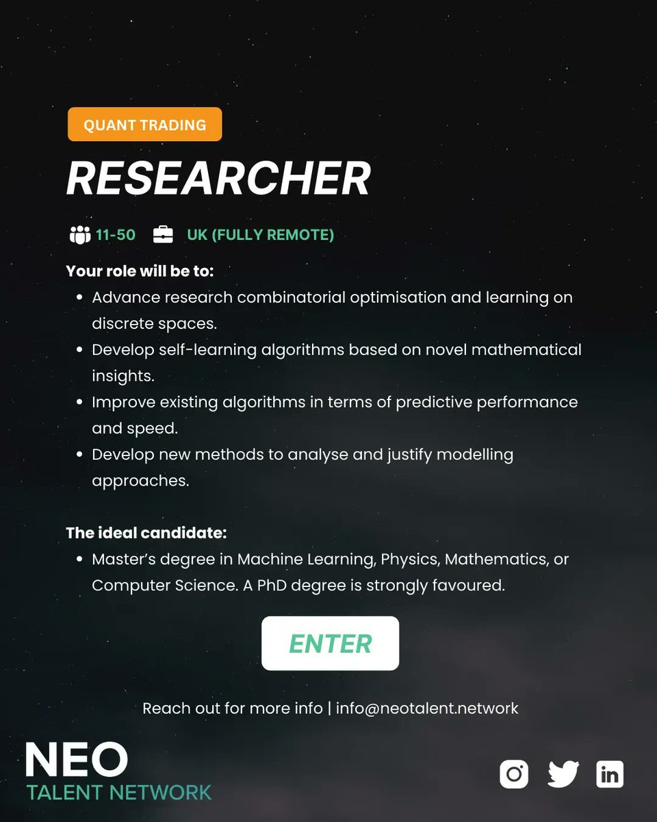 neoweb3co's tweet photo. Looking for a #reseacher for a #quanttrading company in the United Kingdom 🇬🇧  

Reach out for more information 📬

#web3jobboard #web3job #hiring

Email | info@neotalent.network
Find us on Instagram, Twitter &amp; LinkedIn https://t.co/Qt6jJ1we2i