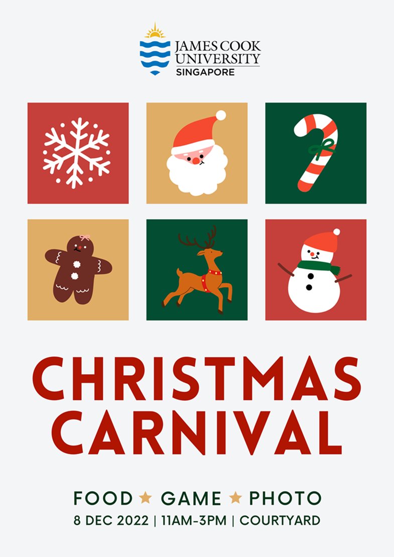 Join us at our Christmas Carnival with game stations, claw machines, a photo booth, and more! Enjoy all these at just $2, which will be donated to a charity organisation! 🎅🎄

#JCUSingapore #MerryXmas