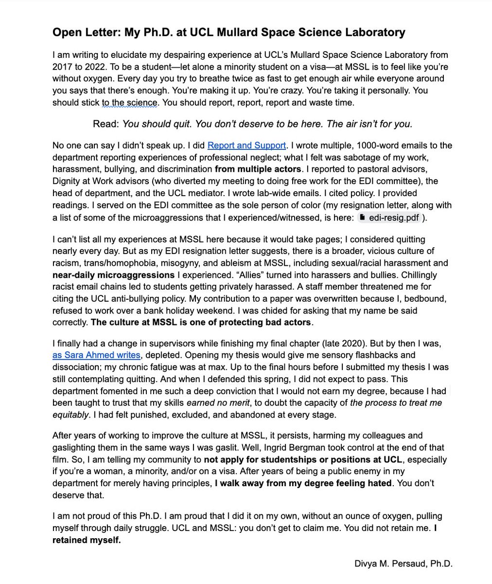 Divya_M_P's tweet photo. This is an open letter to the planetary science community and beyond about my dreadful experiences at University College London's Mullard Space Science Laboratory 2017-22. I cannot recommend ANY colleague work or study at UCL.

The text is available here: https://t.co/aIYyM5VyNH https://t.co/eeiB9XgD1j