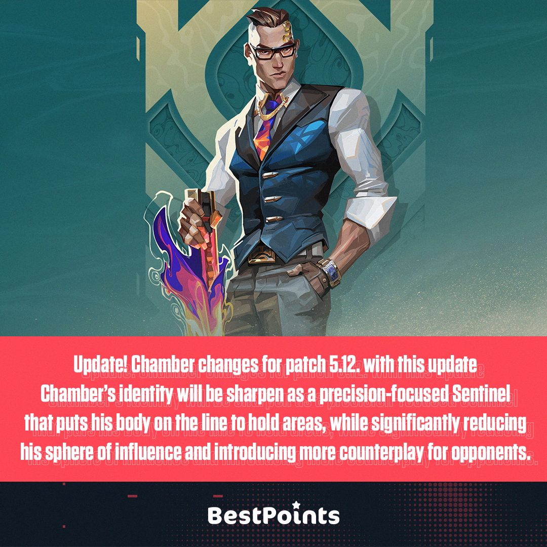 BestPointsVA's tweet photo. With this update Chamber’s identity will be sharpen as a precision-focused Sentinel that puts his body on the line to hold areas, while significantly reducing his sphere of influence and introducing more counterplay for opponents. 🦾🆕

#bestpoints #valorant #valorantpoints #game https://t.co/j6pfI8gOlh