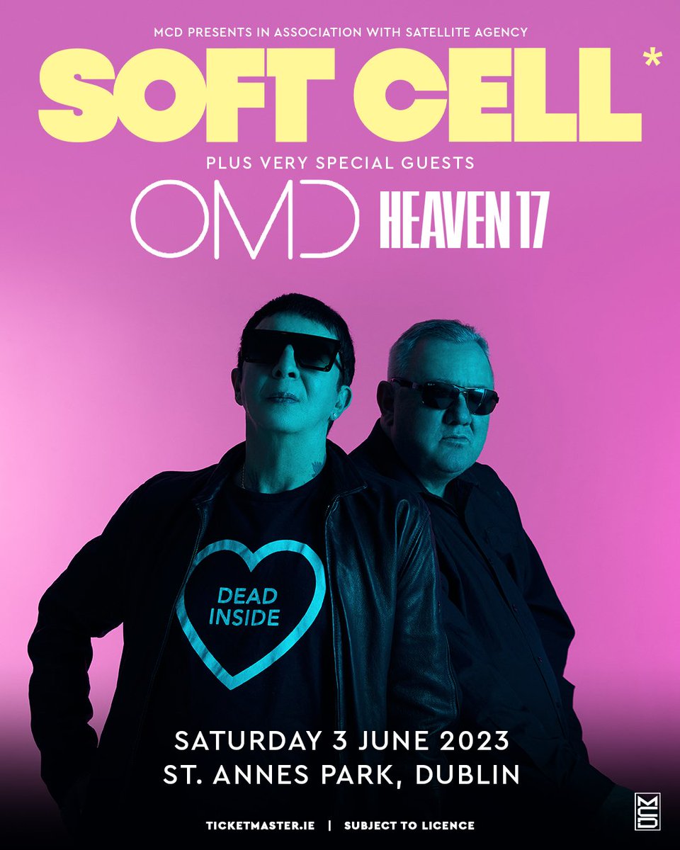 Soft Cell are thrilled to announce their first-ever Ireland show! Marc and Dave will be playing St. Anne’s Park Dublin on 3rd June, 2023 alongside very special guests @OfficialOMD and @heaven17bef. Tickets go on sale this Friday, 9th Dec at 9am GMT - ticketmaster.ie/soft-cell-tick…