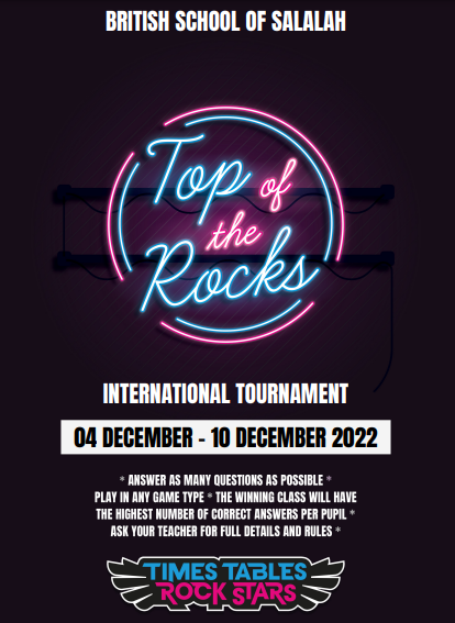 BSSalalah's tweet photo. Who will be British School Salalahโs Times Table Rockstar? Y3-6 have a week to compete internationally with students all over the world. Go BSS!
#TTRockStars #TopOfTheRocks #LearningEthosMotivated #BSSLovesMaths #NotForProfit #BritishInternationalSchool https://t.co/ZighFNLzce