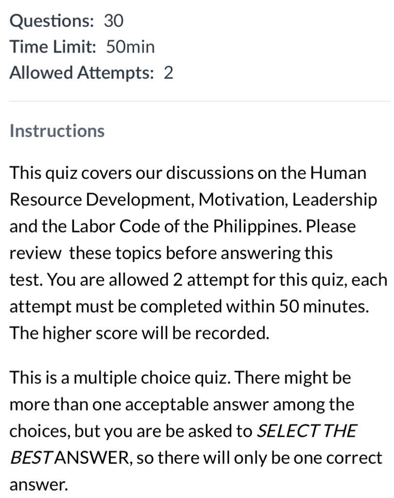 lf acads commissioner 

• type of commission: timed quiz
• subject: hrm or cobshrm
• topics covered: human resource development, motivation, leadership and the labor code of the philippines
• deadline: december 10 at 6 pm

🏷️ cobshrm, hrm, timed quiz, acads commission