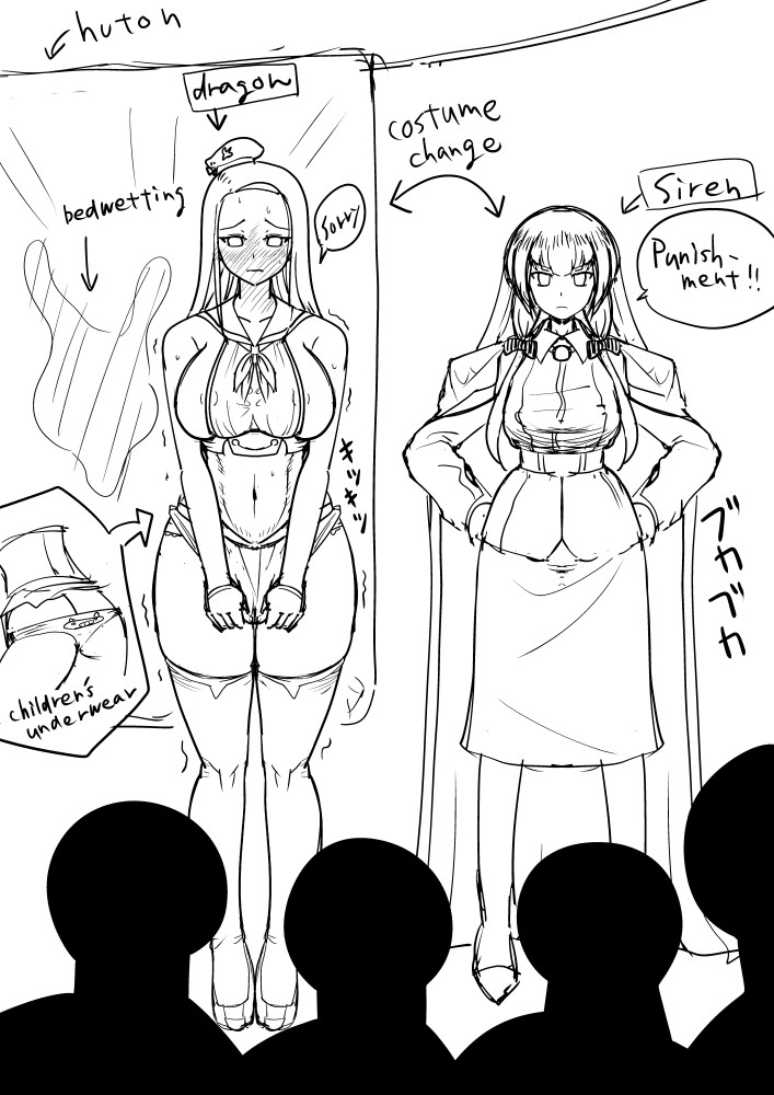 #ラストオリジン  #라스트오리진
idea sketch
ネタ出し途中のイメージです。
「ホライゾン艦隊では、おねしょした子におしおきが待っている。ちなみに常習犯は……」という感じですね。悪い「子」は子供服(下着)を着せられて、幼児言葉を強要され、お尻ペンペンされる……等の要素がたぶんあります。 