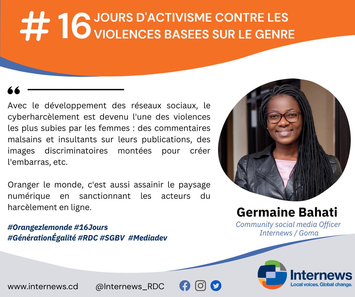 #Oranger le monde, c'est aussi assainir le paysage numérique en sanctionnant les acteurs du harcèlement en ligne.

#OrangezLeMonde #16jours #GénérationÉgalité #RDC #SGBV