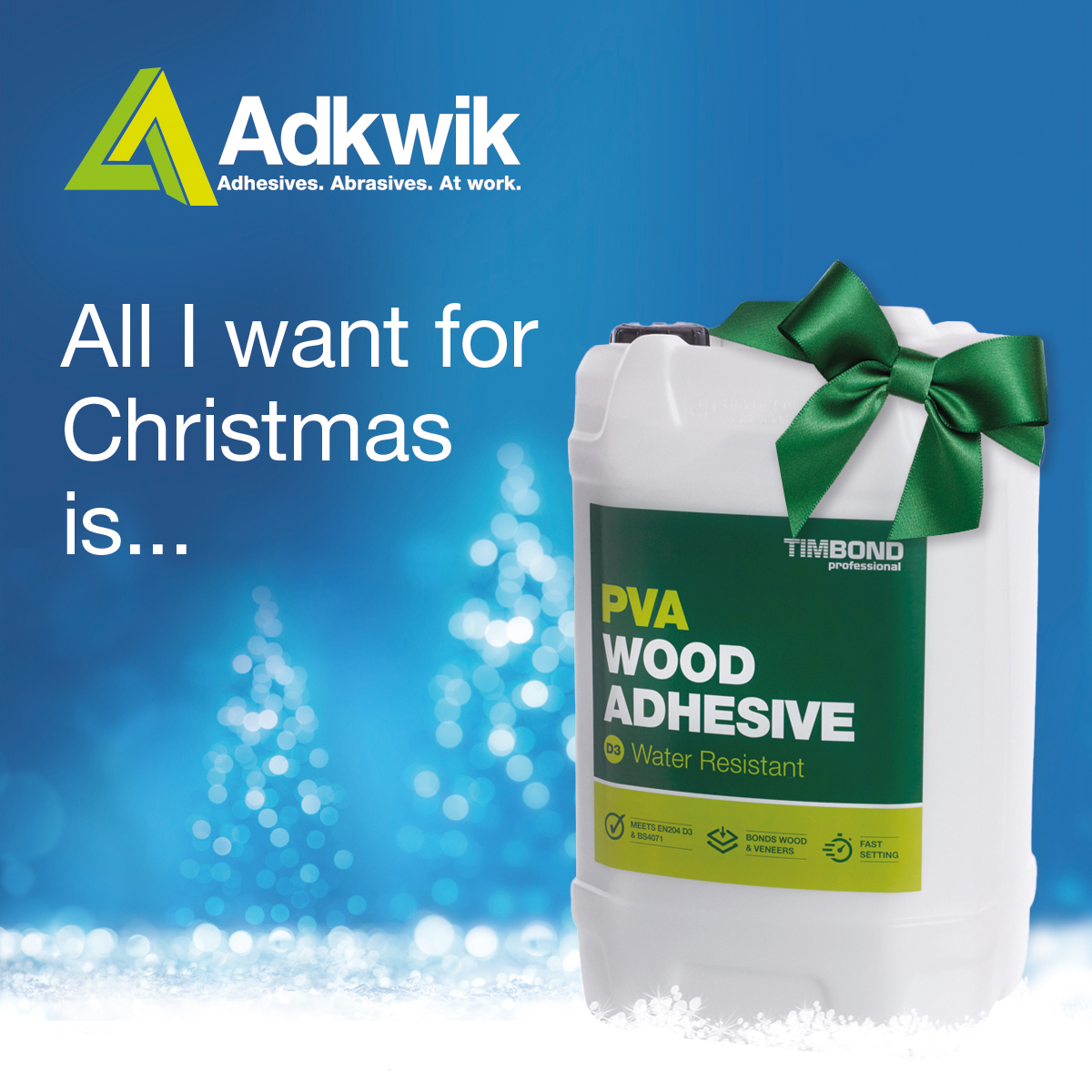 All I want for Christmas is Timbond D3 Wood Adhesive!

Here's what our customer PRA Gates has to say about the product:
"Used Timbond D3 PVA for 10 years now, pricing and fast delivery is good, and had no problems with the glue"