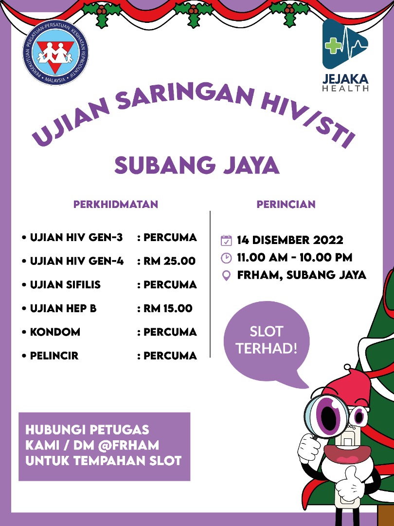 FRHAM's tweet photo. Ujian Saringan #HIV/STI di Subang Jaya!

14 Disember 2022.

DM kami atau hubungi Pekerja Kesihatan Komuniti kami @thewafism, @TerenceFoong, @TengkuFitry1 atau @Afil__23 untuk maklumat lanjut dan membuat temu janji.

Slot terhad!

#UequalsU 
#EndAIDS
#Equalize https://t.co/khuCvb4fYl