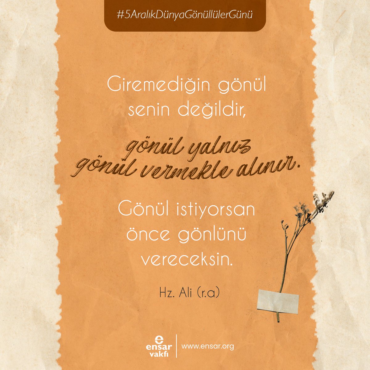 Giremediğin gönül senin değildir, gönül yalnız gönül vermekle alınır. Gönül istiyorsan önce gönlünü vereceksin. 🌸

- Hz. Ali (r.a)

#DünyaGönüllülerGünü